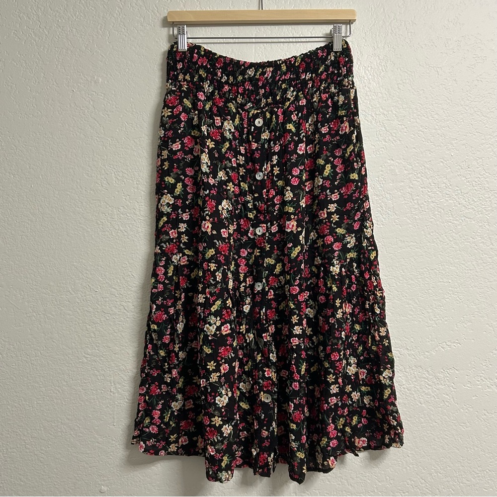 Adagio Black Floral Button Front Midi Skirt |Boho Skirt | Size Small | US 8